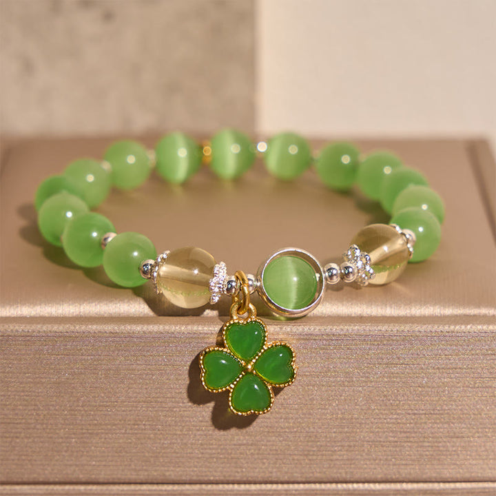 Buddha Stones Pulsera con cuentas de citrino ojo de gato y jade cian con soporte de trébol de cuatro hojas - image 1