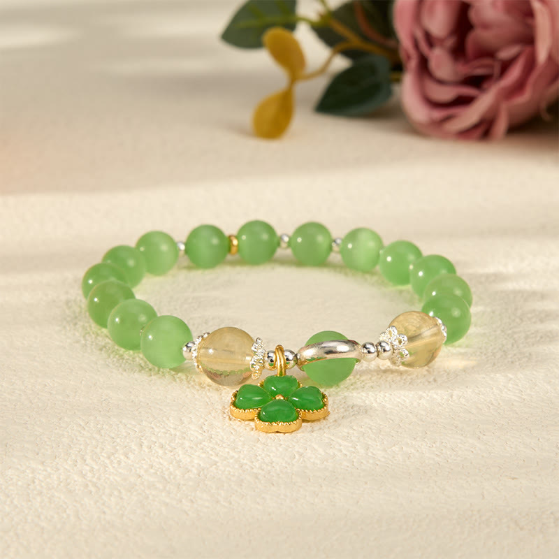 Buddha Stones Pulsera con cuentas de citrino ojo de gato y jade cian con soporte de trébol de cuatro hojas - image 3