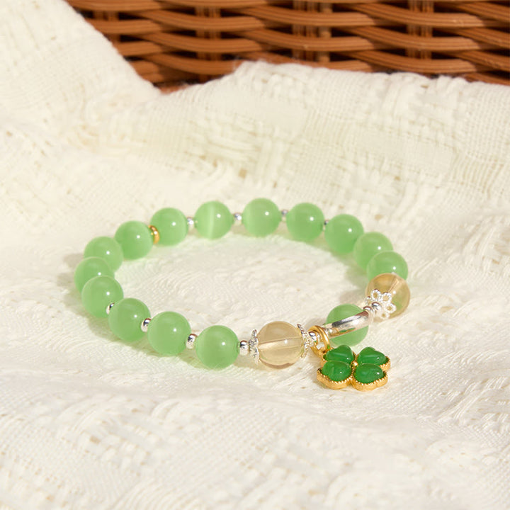 Buddha Stones Pulsera con cuentas de citrino ojo de gato y jade cian con soporte de trébol de cuatro hojas - image 7