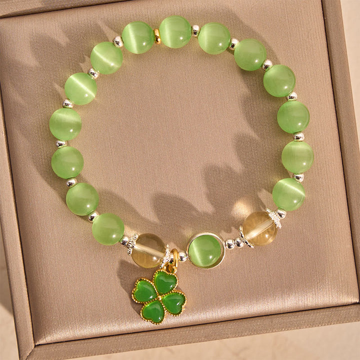 Buddha Stones Pulsera con cuentas de citrino ojo de gato y jade cian con soporte de trébol de cuatro hojas - Crisoberilo (Intuición ♥ Protección) - image 0