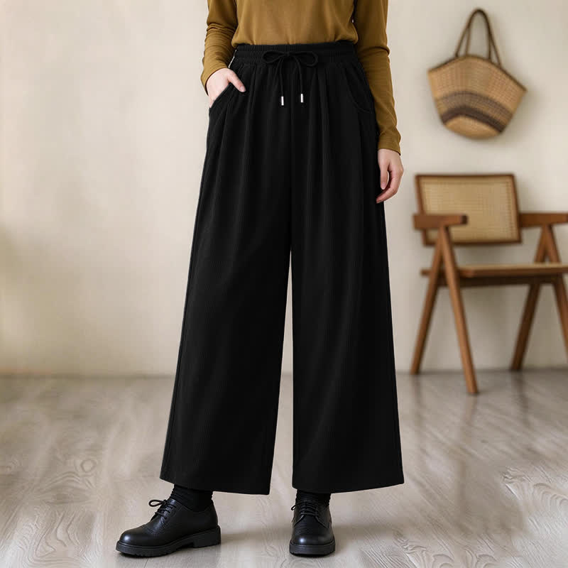Buddha Stones Pantalones largos de pana lisos, de corte recto, con cordón ajustable, estilo casual de otoño/invierno, para mujer, con bolsillos. - image 9