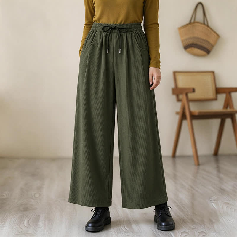 Buddha Stones Pantalones largos de pana lisos, de corte recto, con cordón ajustable, estilo casual de otoño/invierno, para mujer, con bolsillos. - Verde oliva oscuro - US12, UK/AU16, EU44 (2XL) - image 0