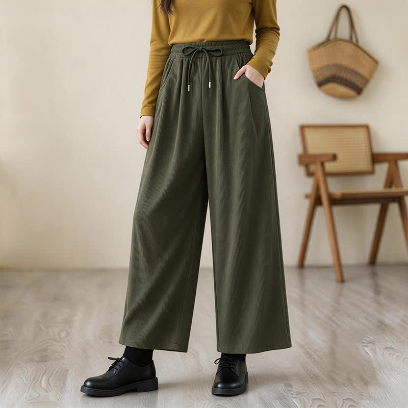 Buddha Stones Pantalones largos de pana lisos, de corte recto, con cordón ajustable, estilo casual de otoño/invierno, para mujer, con bolsillos. - image 2