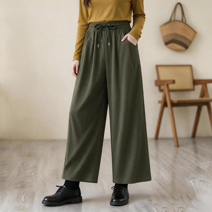 Buddha Stones Pantalones largos de pana lisos, de corte recto, con cordón ajustable, estilo casual de otoño/invierno, para mujer, con bolsillos. - image 2