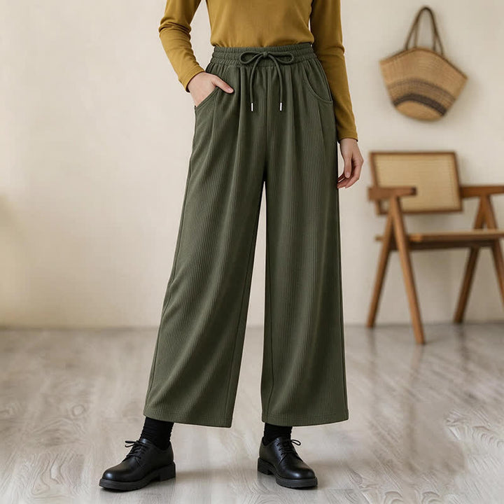 Buddha Stones Pantalones largos de pana lisos, de corte recto, con cordón ajustable, estilo casual de otoño/invierno, para mujer, con bolsillos. - image 1
