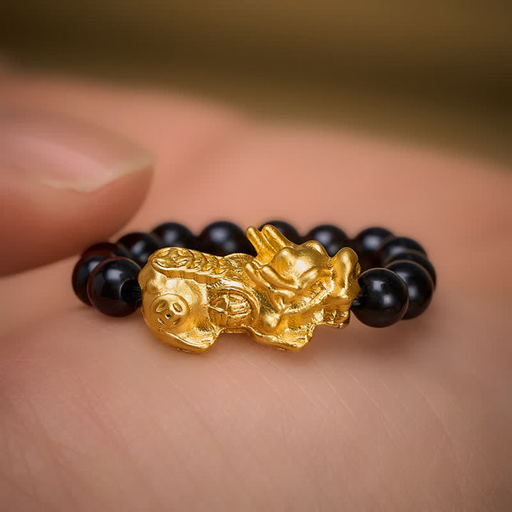 Buddha Stones Anillo elástico mini Pi Xiu de cobre y obsidiana negra para fuerza y ​​energía. - image 9