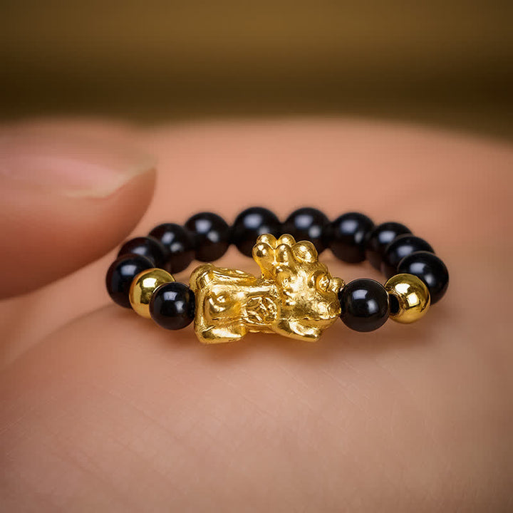 Buddha Stones Anillo mini elástico de cuentas Pi Xiu de cobre y obsidiana negra para sanación y energía. - image 9