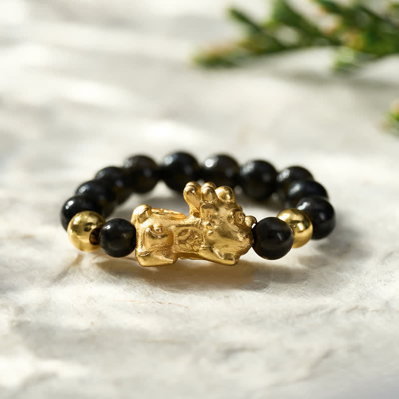 Buddha Stones Anillo mini elástico de cuentas Pi Xiu de cobre y obsidiana negra para sanación y energía. - image 1