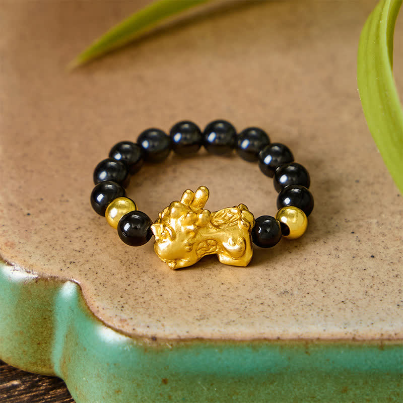 Buddha Stones Anillo mini elástico de cuentas Pi Xiu de cobre y obsidiana negra para sanación y energía. - image 3