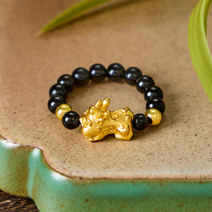 Buddha Stones Anillo mini elástico de cuentas Pi Xiu de cobre y obsidiana negra para sanación y energía. - image 3