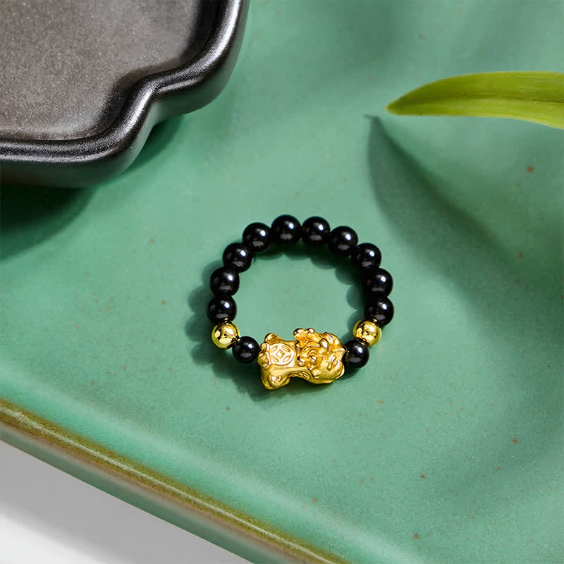 Buddha Stones Anillo mini elástico de cuentas Pi Xiu de cobre y obsidiana negra para sanación y energía. - image 10