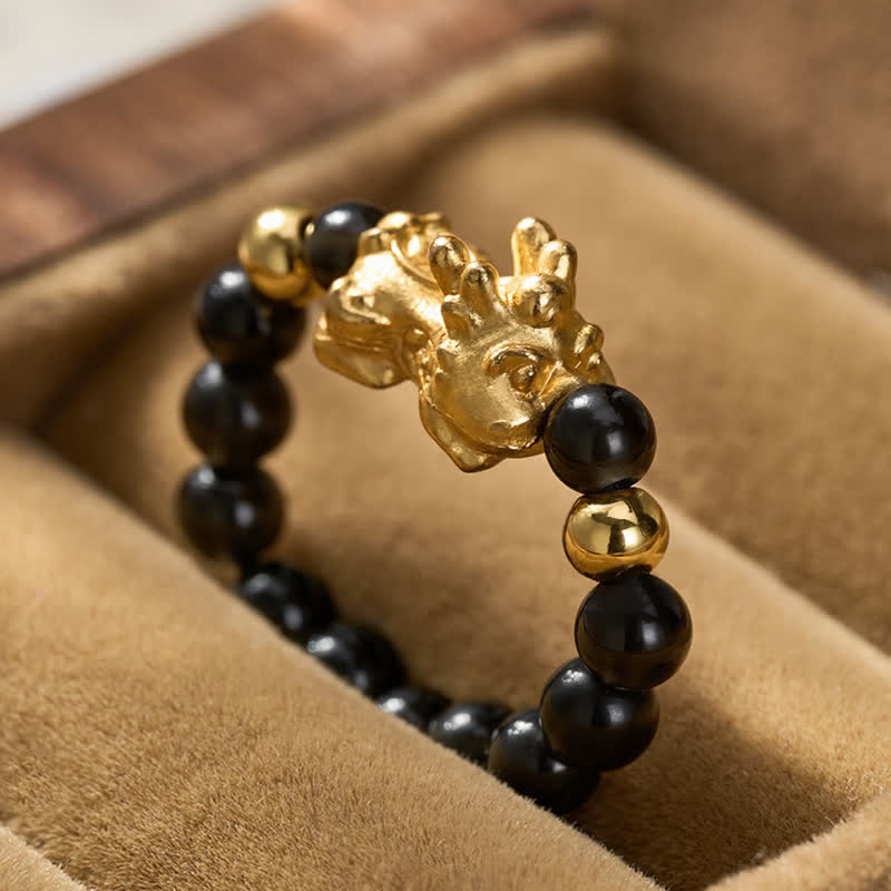 Buddha Stones Anillo mini elástico de cuentas Pi Xiu de cobre y obsidiana negra para sanación y energía. - image 11