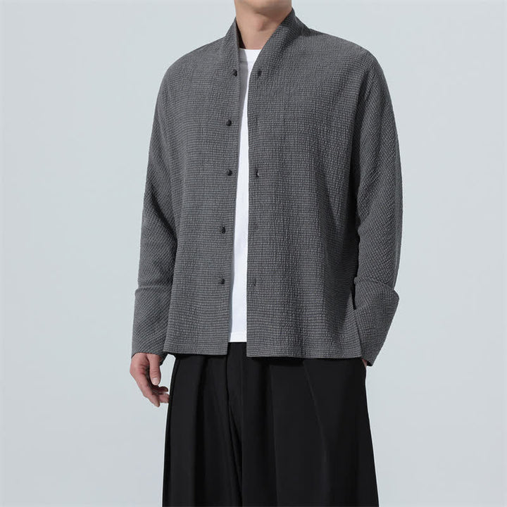 Buddha Stones Camisa de manga larga para hombre, estilo Tang clásico de otoño, con botones y abertura lateral. - Gris pizarra oscuro - US/UK/AU48，EU58(5XL) - image 0