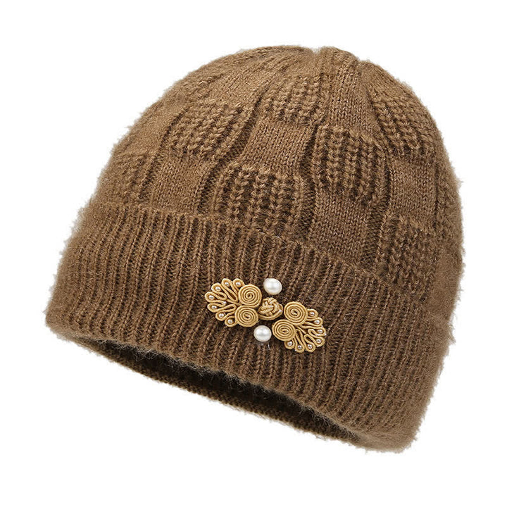 Buddha Stones Gorro grueso de mujer de punto acanalado con forro polar y estampado floral para otoño/invierno. - Caqui - image 9