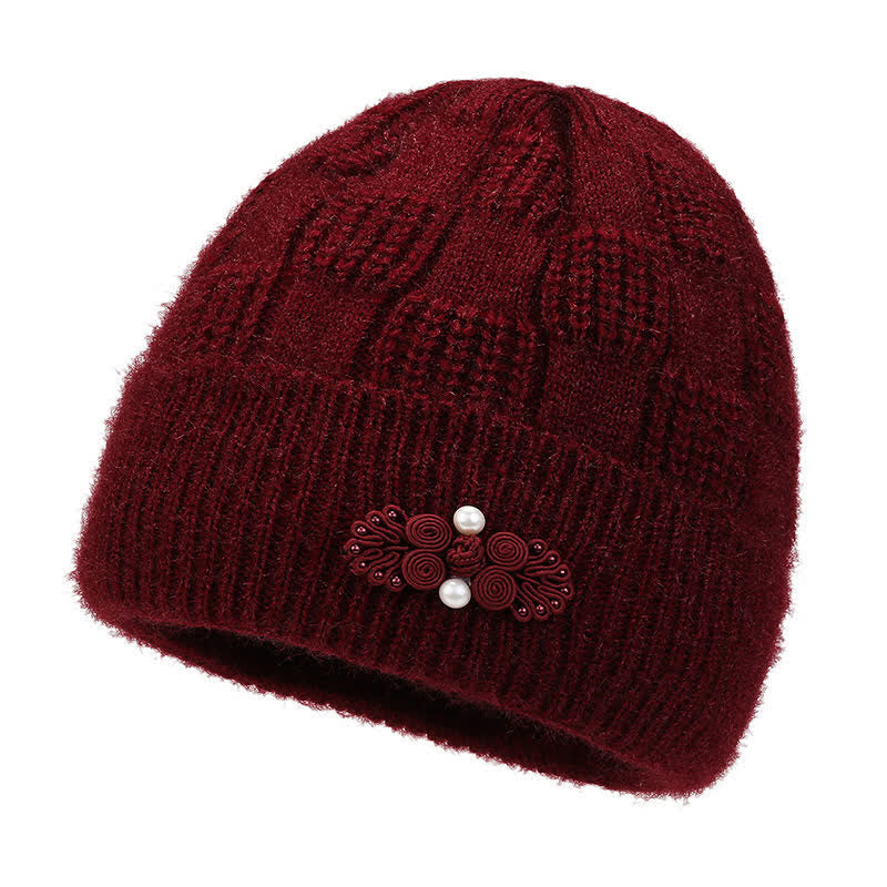 Buddha Stones Gorro grueso de mujer de punto acanalado con forro polar y estampado floral para otoño/invierno. - Granate - image 1
