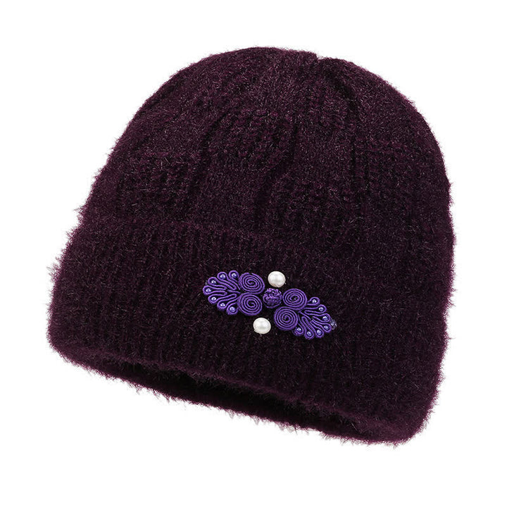 Buddha Stones Gorro grueso de mujer de punto acanalado con forro polar y estampado floral para otoño/invierno. - Púrpura - image 11