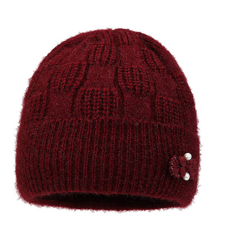 Buddha Stones Gorro grueso de mujer de punto acanalado con forro polar y estampado floral para otoño/invierno. - image 2