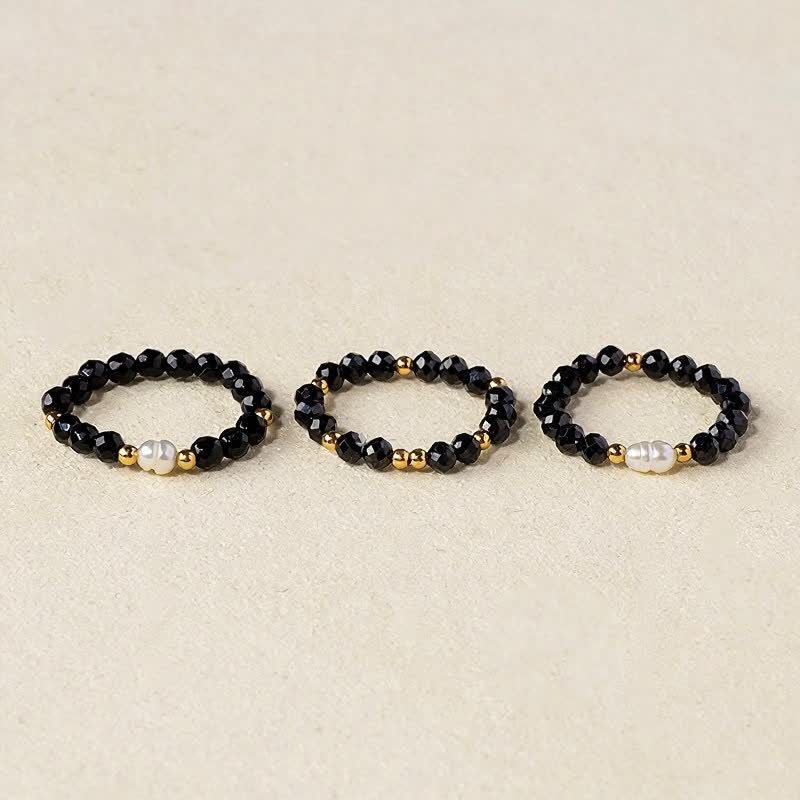 Buddha Stones Anillo apilable facetado de protección con perla de espinela negra - Espinela negra (Motivación ♥ Protección) - image 0