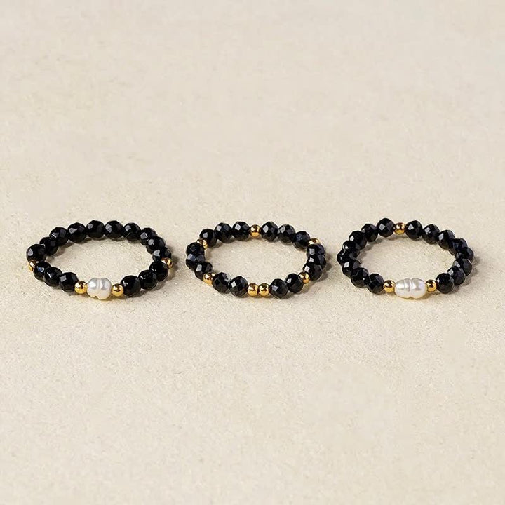 Buddha Stones Anillo apilable facetado de protección con perla de espinela negra - Espinela negra (Motivación ♥ Protección) - image 0