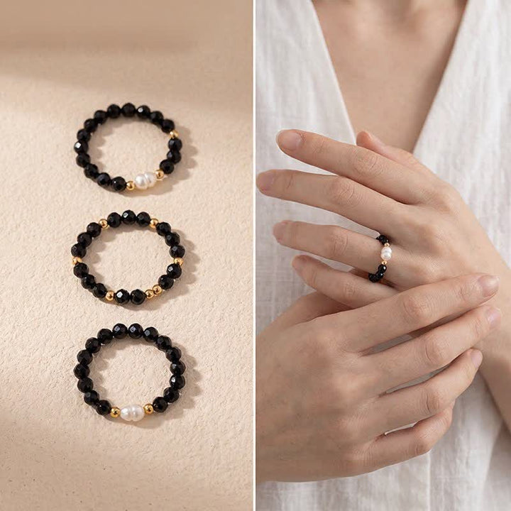 Buddha Stones Anillo apilable facetado de protección con perla de espinela negra - image 3