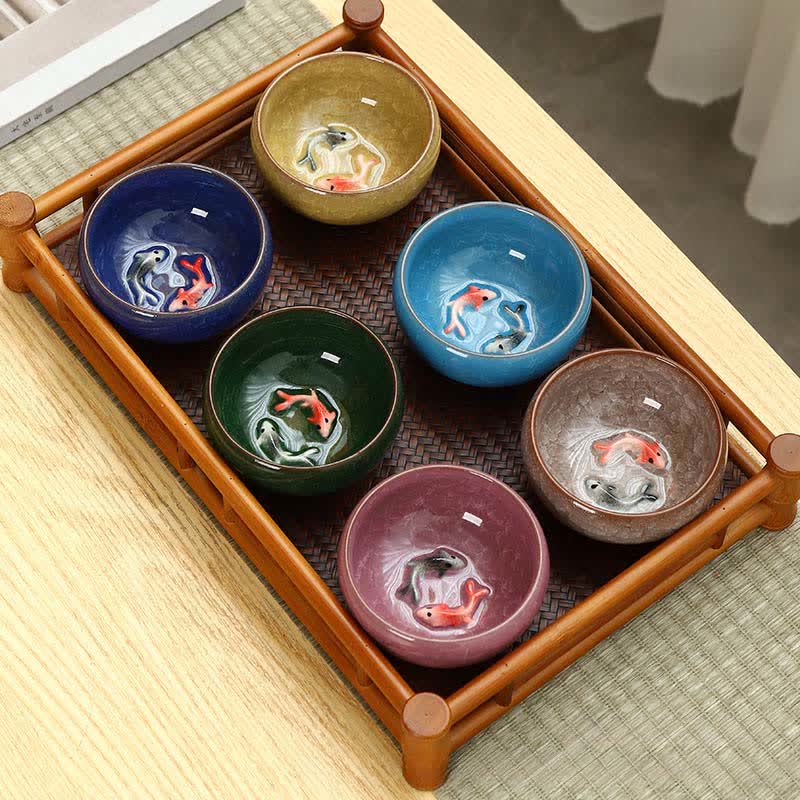 Buddha Stones Taza de té Gongfu de cerámica con diseño de pez koi y esmalte craquelado. - image 0