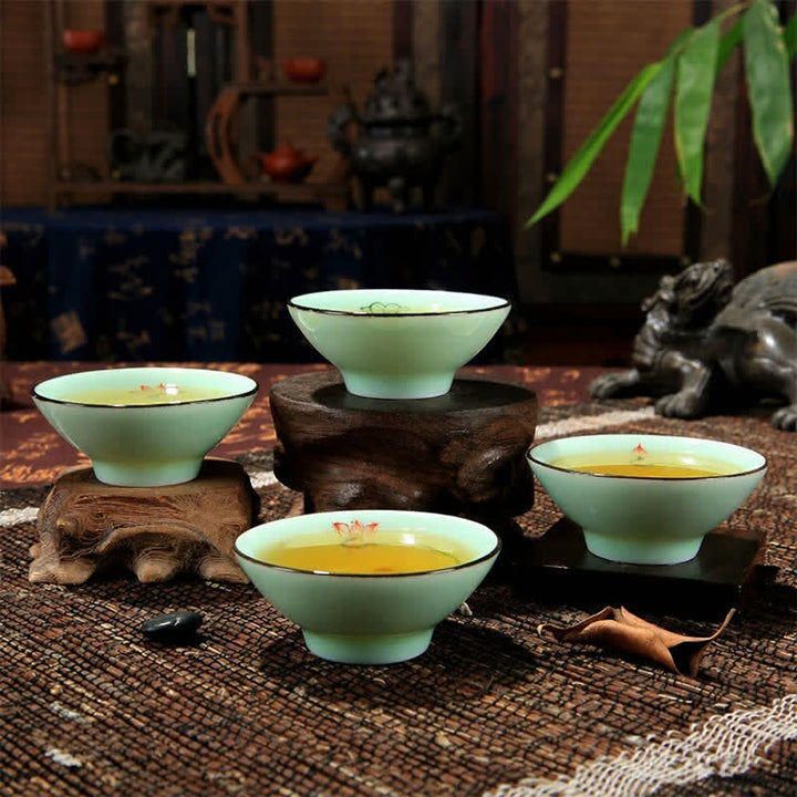 Buddha Stones Taza de té Douli de cerámica celadón pintada a mano con diseño de loto y carpa koi - image 12