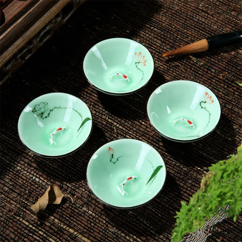 Buddha Stones Taza de té Douli de cerámica celadón pintada a mano con diseño de loto y carpa koi - image 11