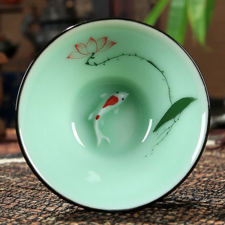 Buddha Stones Taza de té Douli de cerámica celadón pintada a mano con diseño de loto y carpa koi - Flores de loto - image 3