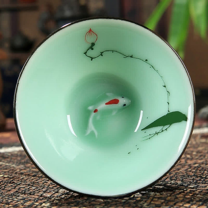 Buddha Stones Taza de té Douli de cerámica celadón pintada a mano con diseño de loto y carpa koi - Un loto - image 7