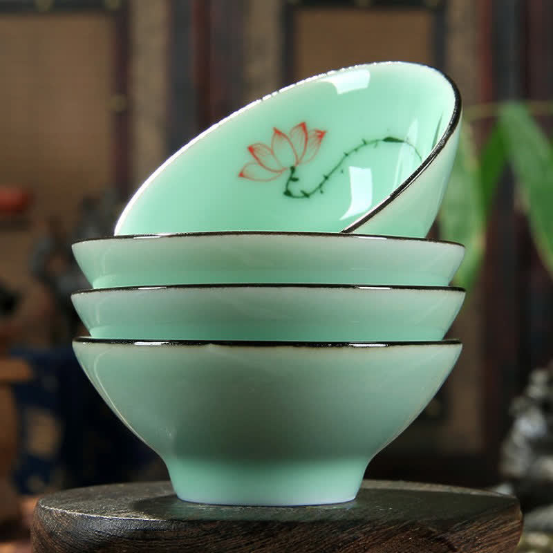 Buddha Stones Taza de té Douli de cerámica celadón pintada a mano con diseño de loto y carpa koi - image 4
