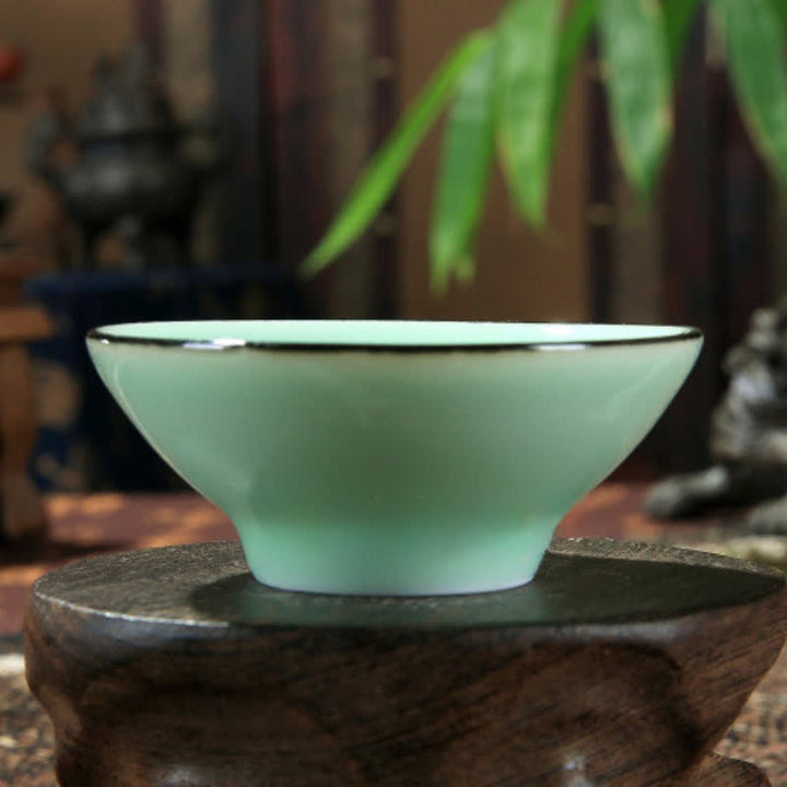 Buddha Stones Taza de té Douli de cerámica celadón pintada a mano con diseño de loto y carpa koi - image 9