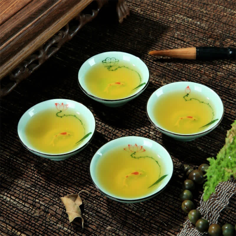 Buddha Stones Taza de té Douli de cerámica celadón pintada a mano con diseño de loto y carpa koi - image 13