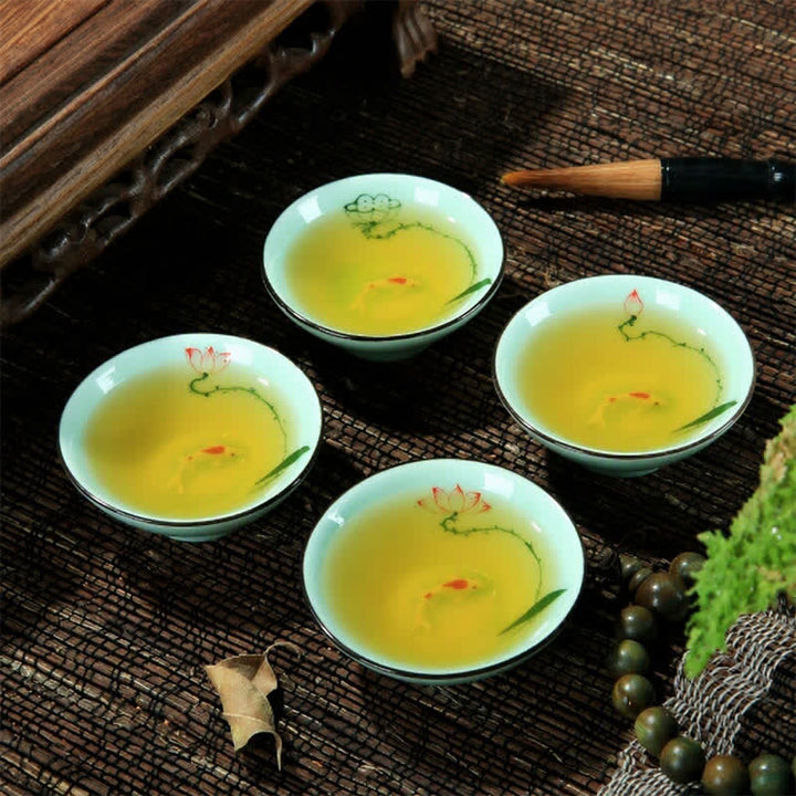 Buddha Stones Taza de té Douli de cerámica celadón pintada a mano con diseño de loto y carpa koi - image 13
