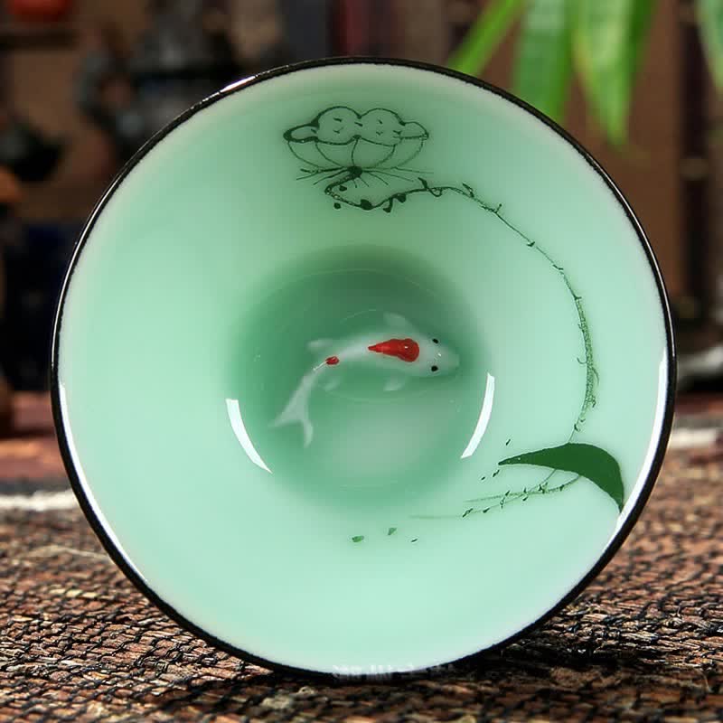 Buddha Stones Taza de té Douli de cerámica celadón pintada a mano con diseño de loto y carpa koi - Cápsula de semillas - image 8