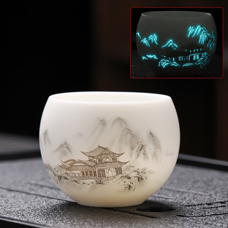 Buddha Stones Taza de té Gongfu de cerámica con paisaje de peces koi iluminados por la noche - Casa - image 1