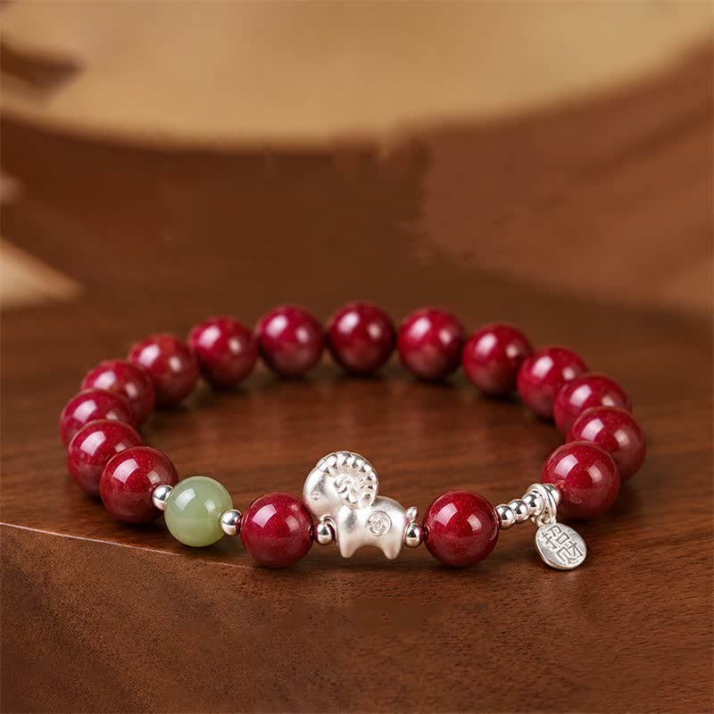 Buddha Stones Pulsera del año de la cabra, plata de ley 999, con colgante de oveja del zodíaco y cuentas de cinabrio para la protección y la atracción de la riqueza. - Cinabrio - 8 mm (circunferencia de la muñeca: 5,9-6,3 pulgadas / 15-16 cm) - image 0