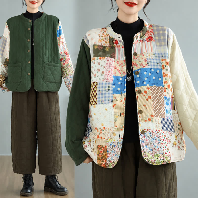 Buddha Stones Chaqueta reversible de mujer con botones, diseño floral patchwork, estilo vintage, para otoño/invierno, con bolsillos. - image 8