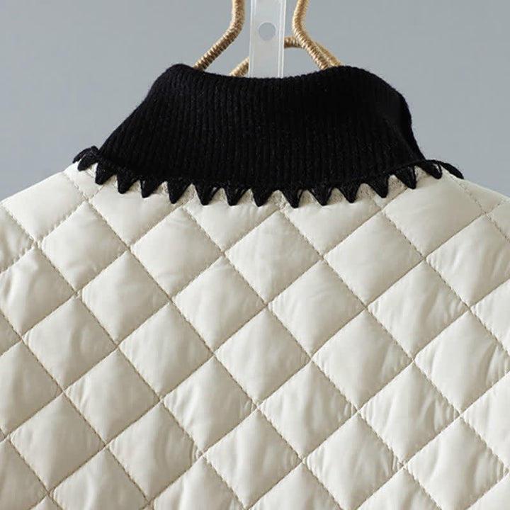 Buddha Stones Chaqueta de mujer de estilo vintage informal de invierno con botones, diseño geométrico de rombos y bolsillos. - image 3