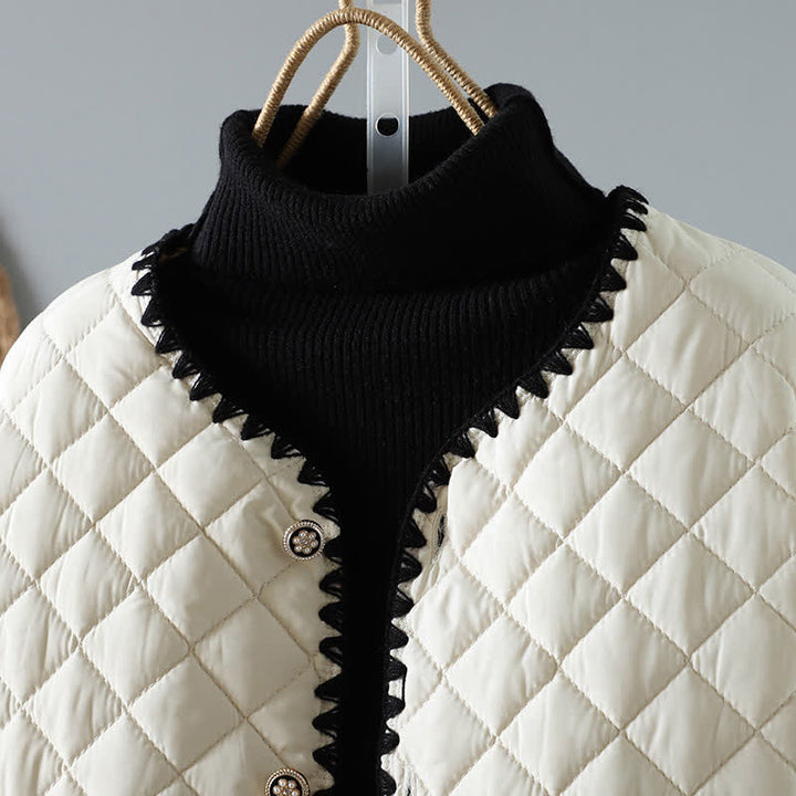 Buddha Stones Chaqueta de mujer de estilo vintage informal de invierno con botones, diseño geométrico de rombos y bolsillos. - image 2