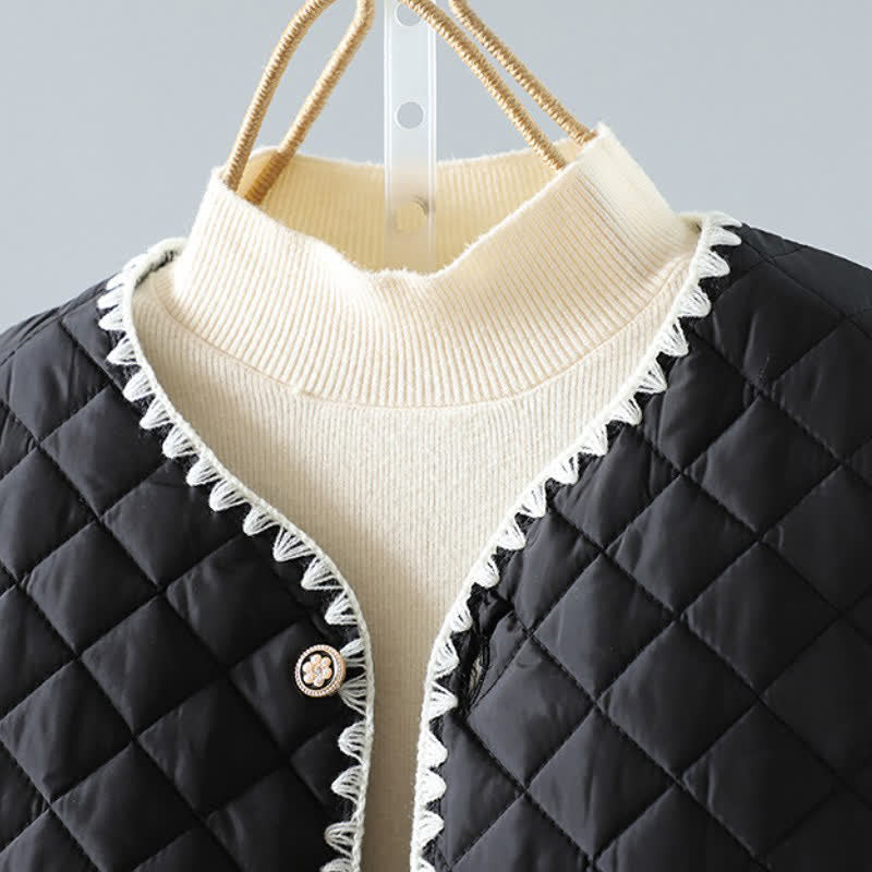 Buddha Stones Chaqueta de mujer de estilo vintage informal de invierno con botones, diseño geométrico de rombos y bolsillos. - image 12