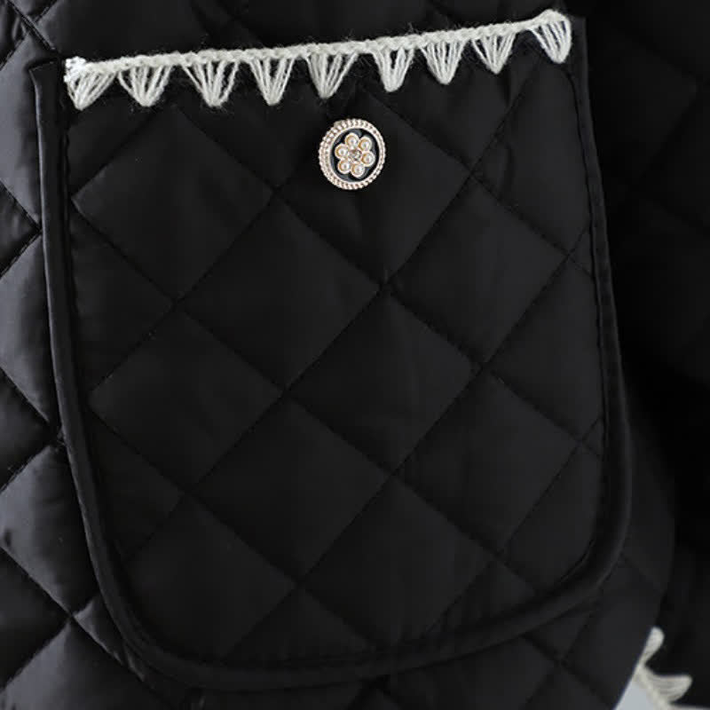 Buddha Stones Chaqueta de mujer de estilo vintage informal de invierno con botones, diseño geométrico de rombos y bolsillos. - image 15