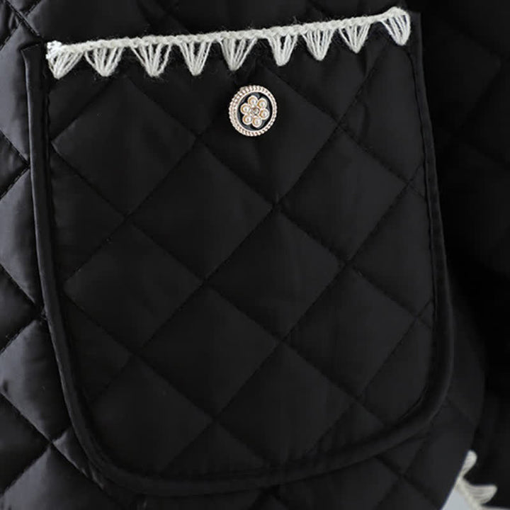 Buddha Stones Chaqueta de mujer de estilo vintage informal de invierno con botones, diseño geométrico de rombos y bolsillos. - image 15