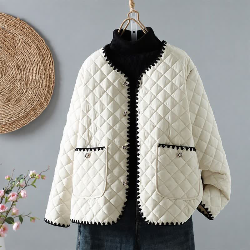Buddha Stones Chaqueta de mujer de estilo vintage informal de invierno con botones, diseño geométrico de rombos y bolsillos. - Blanco - US6, UK/AU10, EU38 (XL) - image 0