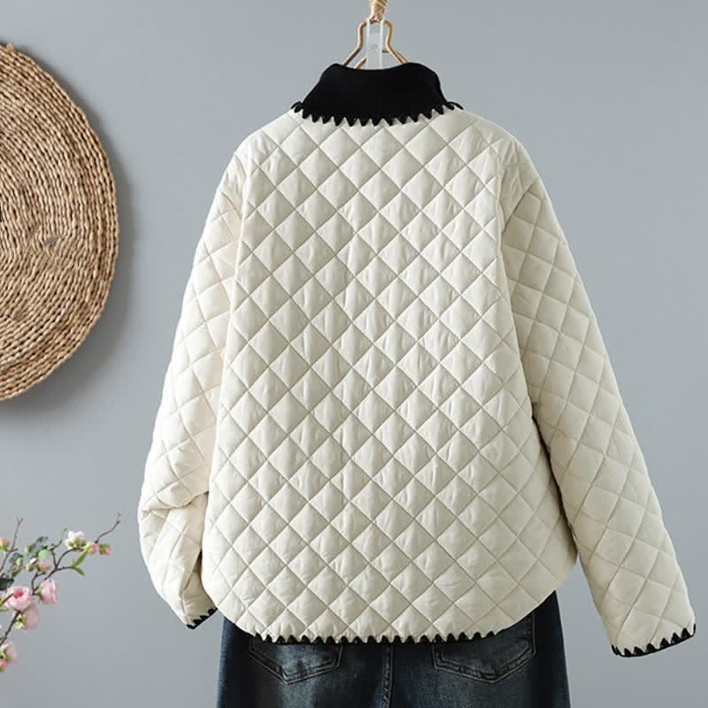 Buddha Stones Chaqueta de mujer de estilo vintage informal de invierno con botones, diseño geométrico de rombos y bolsillos. - image 1