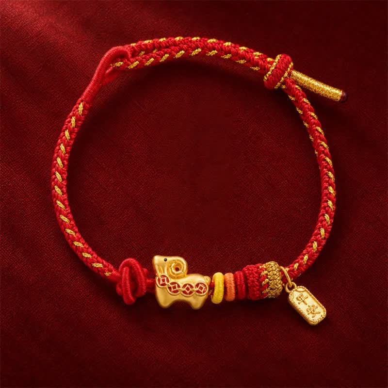 Buddha Stones Pulsera con dije de personaje de Paz Fu, monedas de cobre del Año de la Cabra, carnero y oveja, trenzado de hilo rojo. - image 1