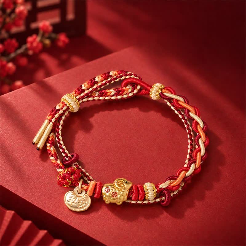 Buddha Stones Pulsera con dije de paz y felicidad, monedas de cobre del Año de la Cabra, carnero y oveja, con hilo rojo trenzado. - image 1