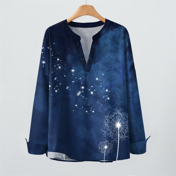 Buddha Stones Camisas de manga larga para hombre de algodón con cuello en V y estampado de semillas de diente de león. - image 2