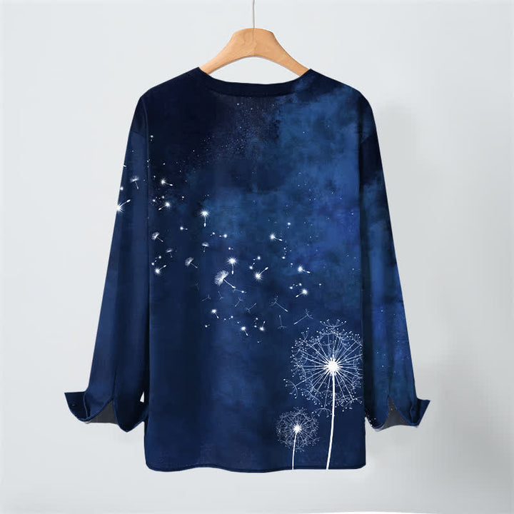 Buddha Stones Camisas de manga larga para hombre de algodón con cuello en V y estampado de semillas de diente de león. - image 3