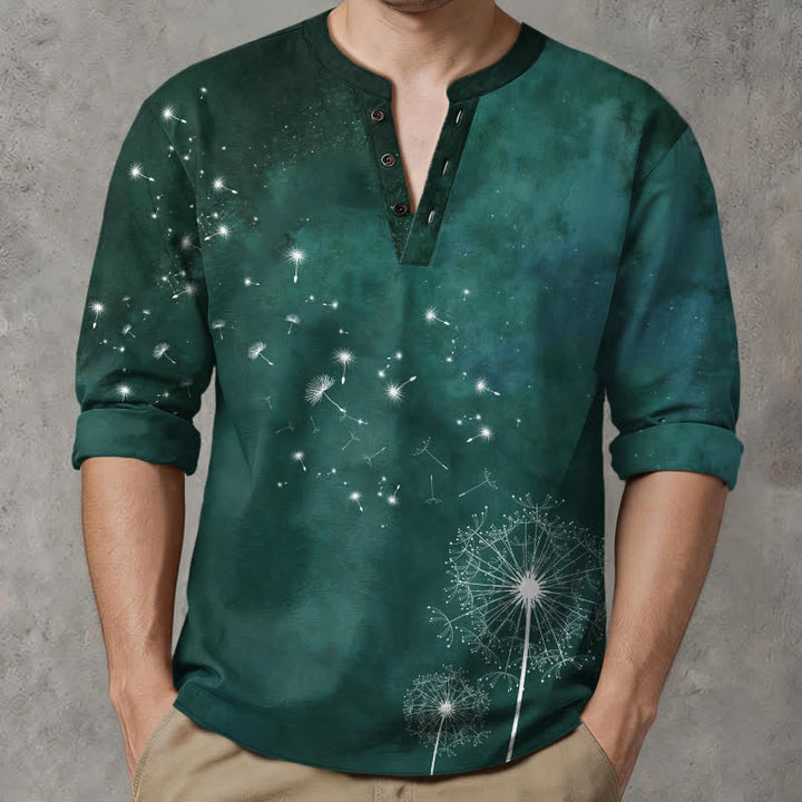 Buddha Stones Camisas de manga larga para hombre de algodón con cuello en V y estampado de semillas de diente de león. - image 8