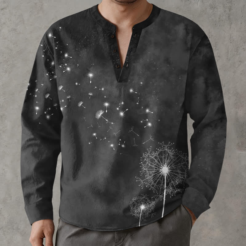 Buddha Stones Camisas de manga larga para hombre de algodón con cuello en V y estampado de semillas de diente de león. - Negro - US/UK/AU48, UE58 (4XL) - image 14